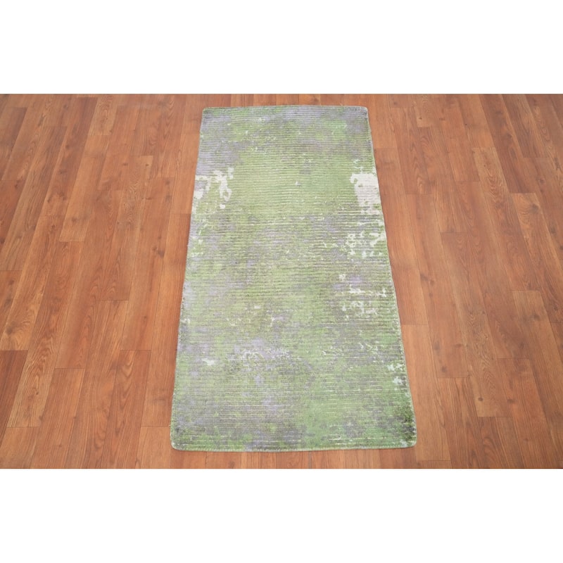 Hand Knotted Oriental Viscose Silk Carpet Modern All-Over Green Abstract Area Rug - 4' 0'' X 2' 0''