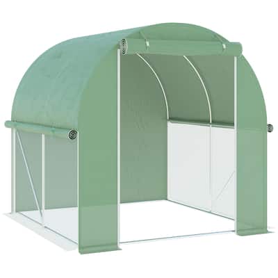 Tunnel Greenhouse Outdoor Walk-In Hot House with Roll-up Plastic Cover and Zippered Door, Steel Frame, Green