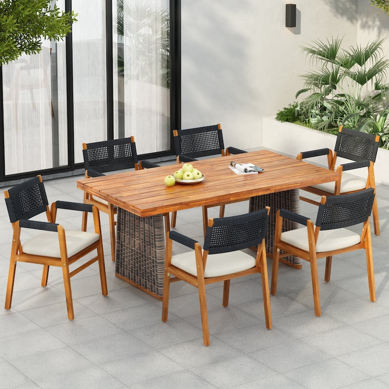 Christopher Knight Home - Kael Outdoor Acacia Wood Dining Set with Rope-Woven Armchairs and Cushions - Black Rope+Grey Wicker+Beige Cushion