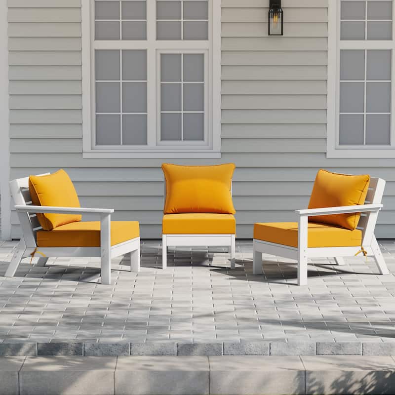 Polytrends Birchwood All Weather HDPE Outdoor Patio Deep Seating White Sofa With Cushions (3-Piece) - White/Yellow