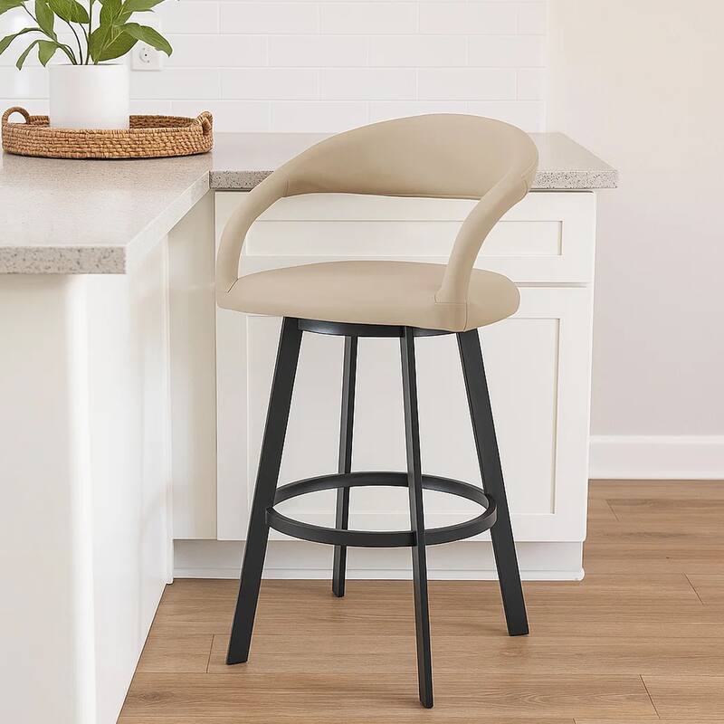 Monie Swivel Barstool Chair, Curved Floating Back, Beige Faux Leather