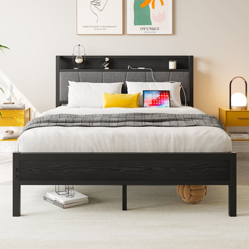 Full Size Bed Frame, Storage Headboard with Charging Station, Solid and Stable, No Box Spring Needed, Easy Assembly