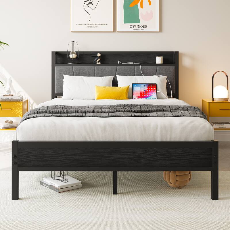 Grey Full Platform Bed Frame in Metal & Wood with Storage Headboard and Charging Station