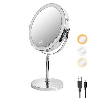 8 in. W x 8 in. H Round Magnifying Lighted Tabletop Mirror with Built-in Battery & Type-C in Chrome Finish