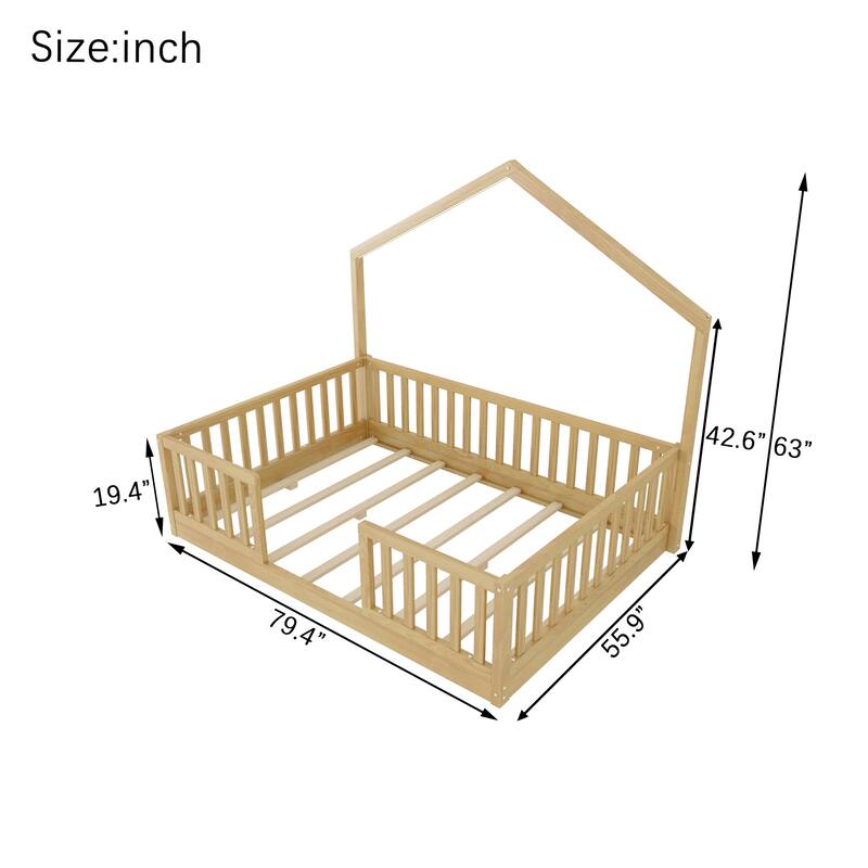 Wood Floor Bed with High Guardrails and LED Light, Montessori Style Low Profile Bed for Kids