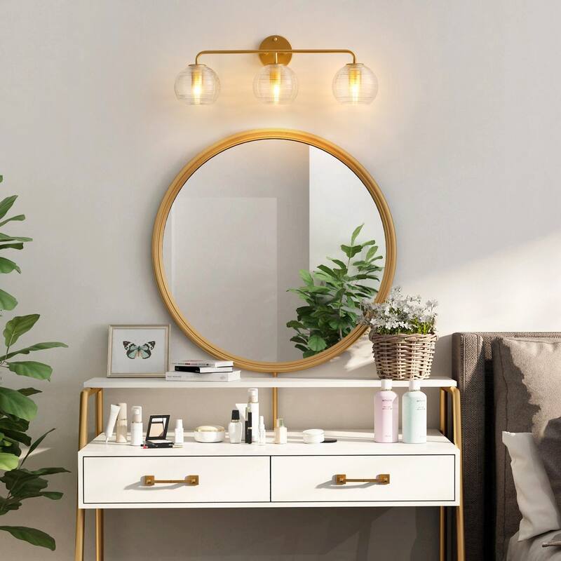 Painted Gold 3-Light Vanity Light with Clear Striped Glass Shades for Bathroom Mirror