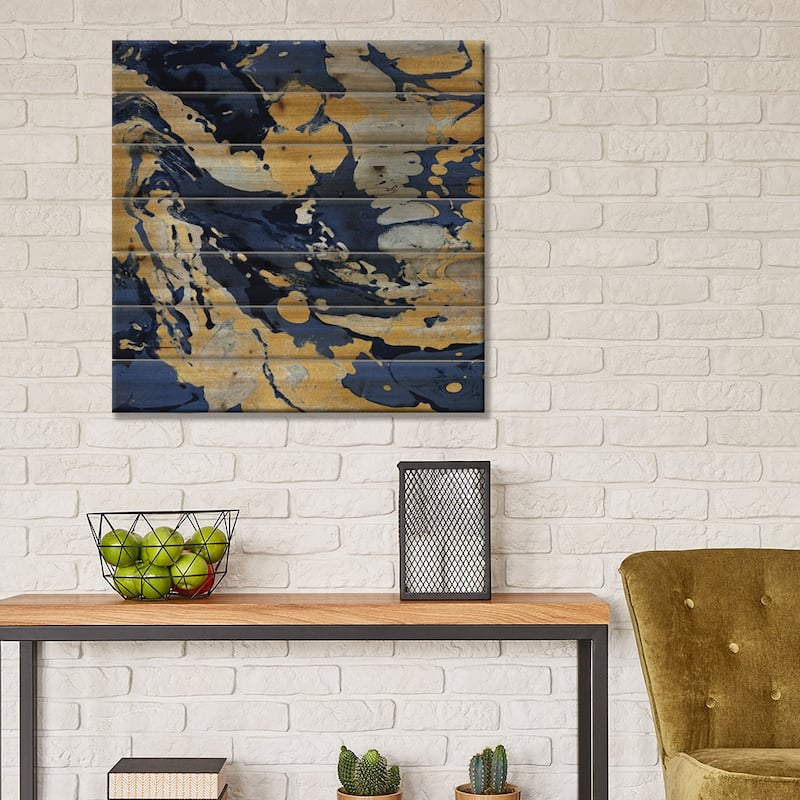 Marbleized In Gold And Blue II Print On Wood by Danielle Carson - Multi-Color
