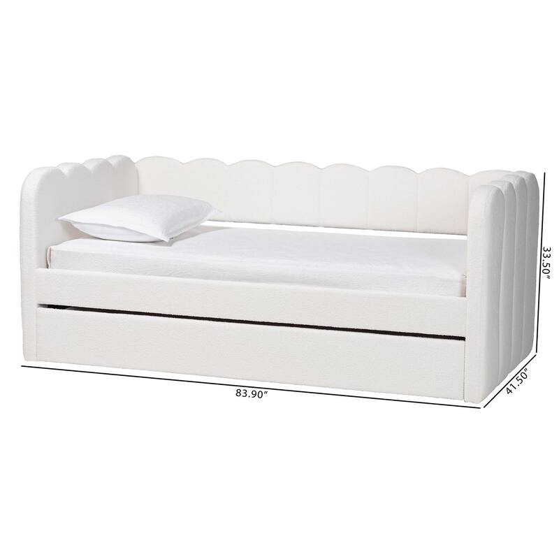 Palmer Cream Teddy-Bear Fabric Daybed with Rolling Trundle - Scalloped Edge Daybed with Plush Upholstery, Modern Sofa Bed