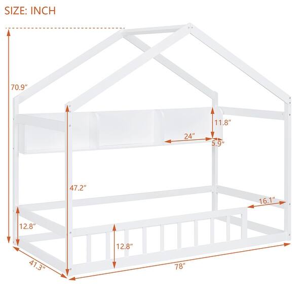 dimension image slide 1 of 2, House Bed with Storage Shelf, Montessori Floor Bed with Fence and Roof, Wooden Bed Frame for Kids Boys Grils