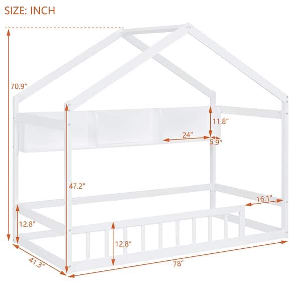 Playhouse-Themed Twin House Bed with Roof, Fence & Storage Shelf