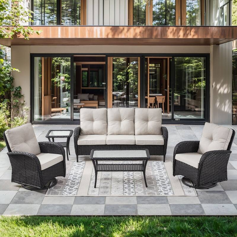 Gymojoy Outdoor Wicker Patio Furniture Sofa Set - Luxurious Comfort, Weather-Resistant - 5-Piece - Sofa & Swivel Chairs - Black Wicker / Beige Cusion