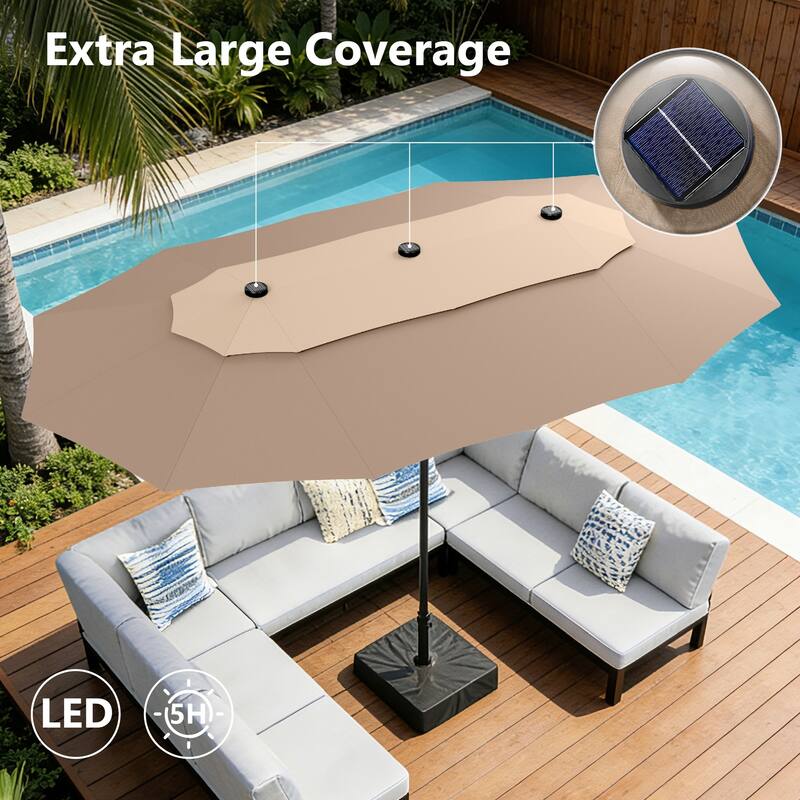 MAISON ARTS 15ft 2-Tier Large Patio Umbrella with Solar Lights, Double-Sided Outdoor Market Umbrellas with Base Included