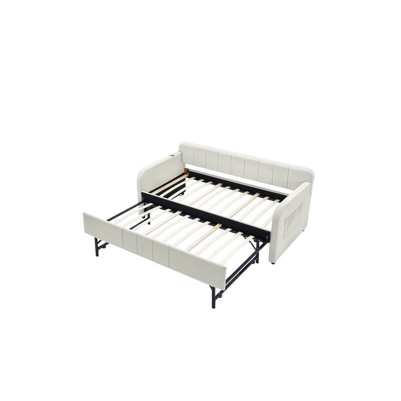 Twin Size Velvet Upholstered Daybed, Wood Sofa Bed Frame Daybed Couch with Trundle Bed and Wood Slat