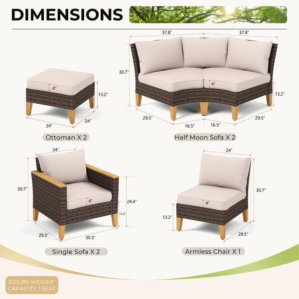 dimension image slide 12 of 13, 11-Piece Outdoor Wicker Half-Round Furniture Set, Half-Moon Sectional Sofa Set All Weather Rattan Curved Conversation Sets