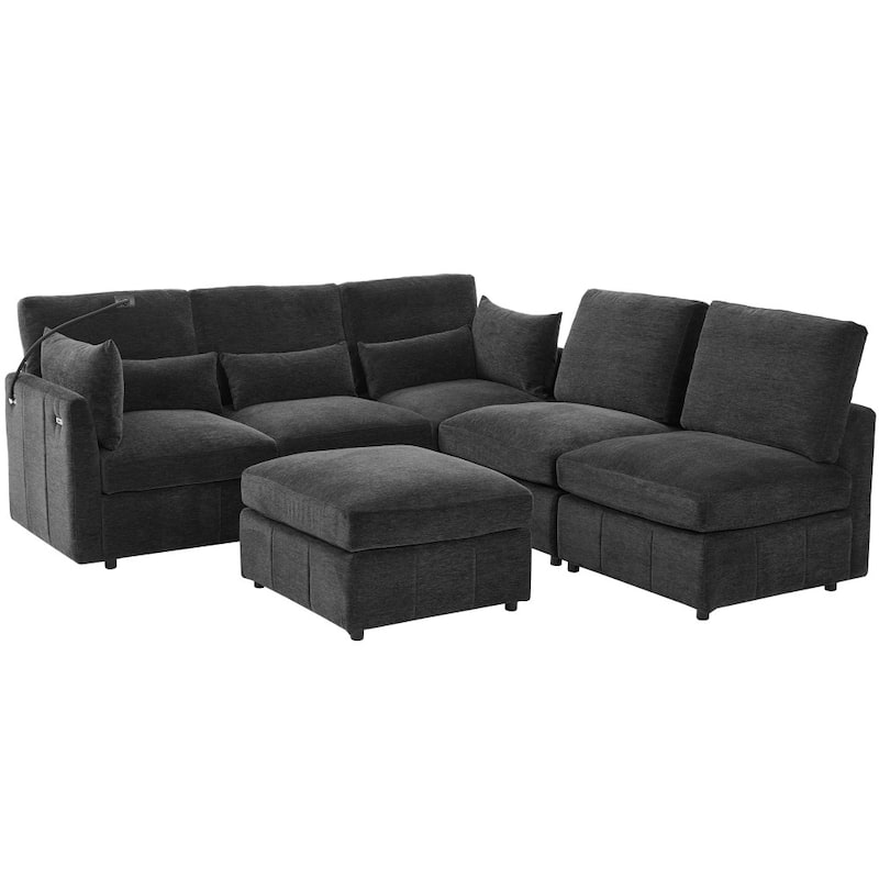 85.4" Modern U-shaped Modular Sectional Sofa with Movable Ottoman and Two USB Ports, Phone Holder