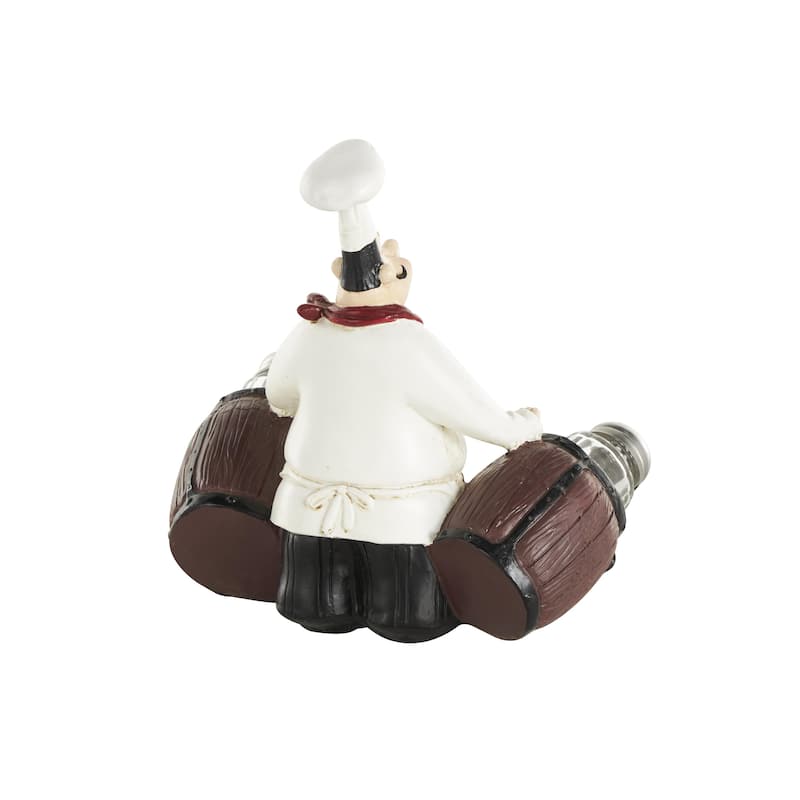 Polystone Chef Figurine Salt and Pepper Shaker Holder with Wood Barrel Accents - White - Roche River Decor