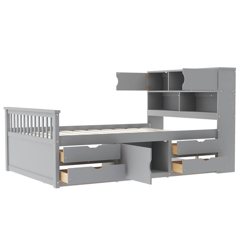 Full Size Captain Platform Bed Frame with Storage Bookcases and Shelves,Four Drawers