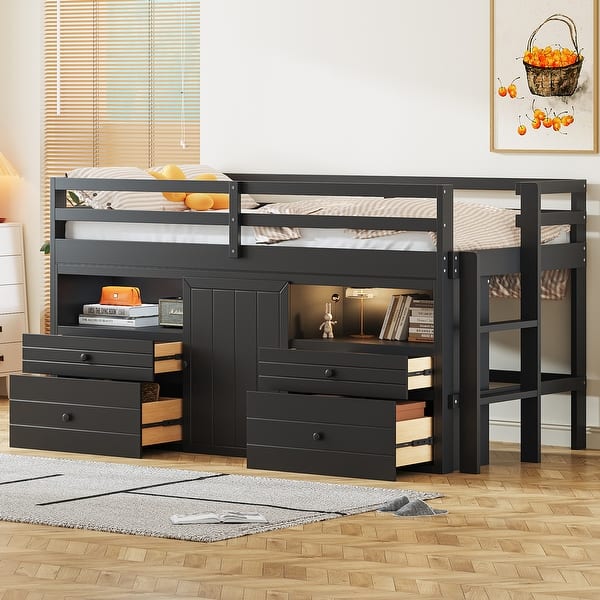 slide 2 of 42, Twin Solid Wood Loft Bed with Drawers & Cabinet Espresso