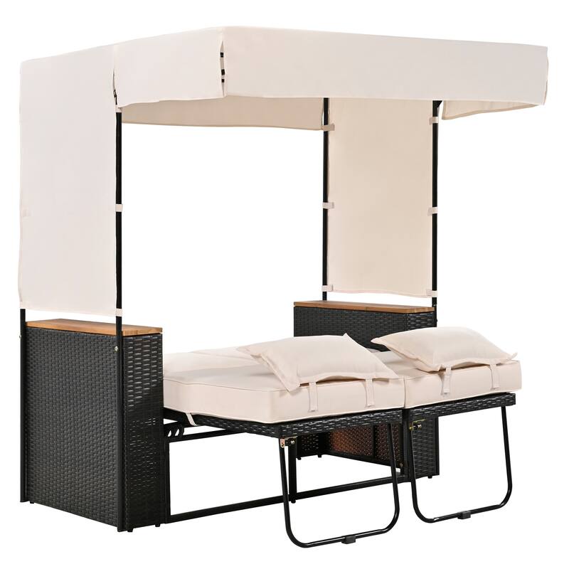 2-Piece Outdoor Rattan Daybed Set with Adjustable Canopy and Cushions, 5 Reclining Positions and Hidden Storage Bench