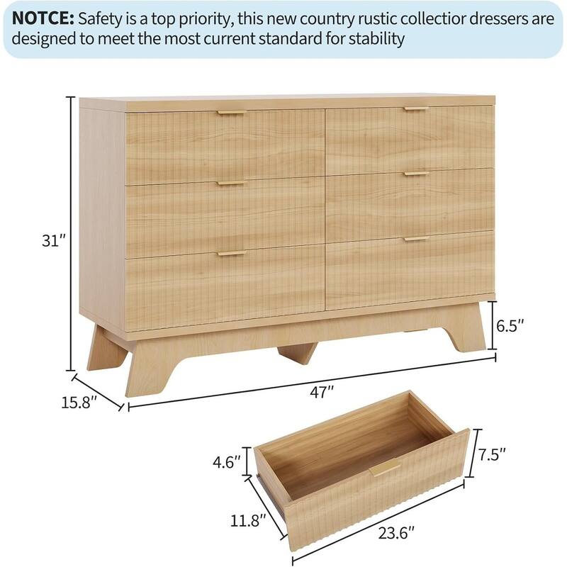 6 Drawer Fluted Dresser for Bedroom, Living Room, Hallway, Entryway