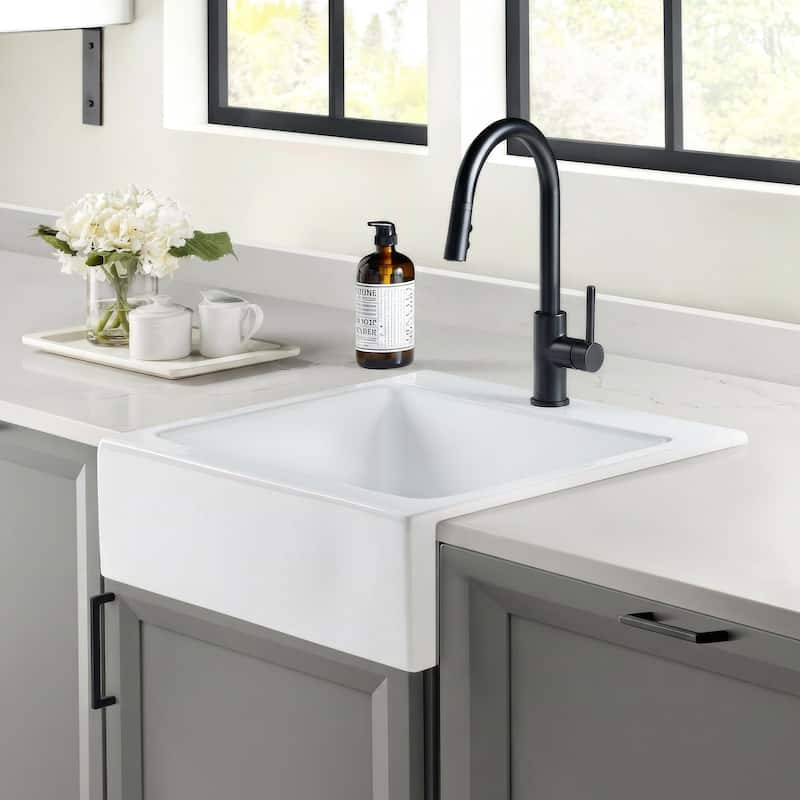 Parker Crisp White Fireclay 26" Single Bowl Quick-Fit Drop-In Farmhouse Apron Kitchen Sink (1 Hole) and Drain
