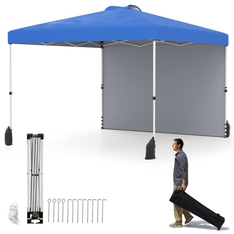 Gymax 10 X 10 FT Pop up Canopy Tent w/ 1 Sidewall Wheeled Bag 8 Stakes - Blue