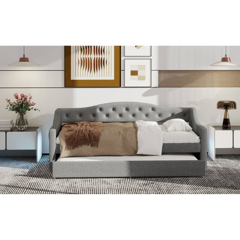 Modern Gray Twin XL Upholstered Daybed with LED Lights and Trundle