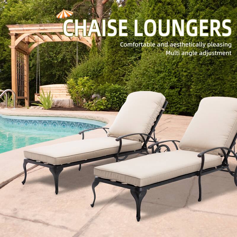 Aluminum Reclining Outdoor Chaise Lounge with Wheels and Cushions (Set Of 2) - Beige