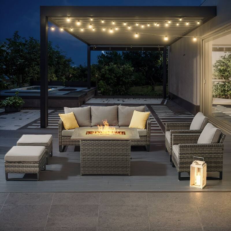 Gymojoy Outdoor Fire Pit Conversation Set, Patio Furniture with Cushions - 6 PCS -  Sofa & Club Chair & Ottomans & Fire Pit - Grey Wicker / Grey Cusion