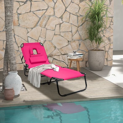 Beach Adjustable Backrest Chaise Lounge Chair w/ Face Hole & Pillows