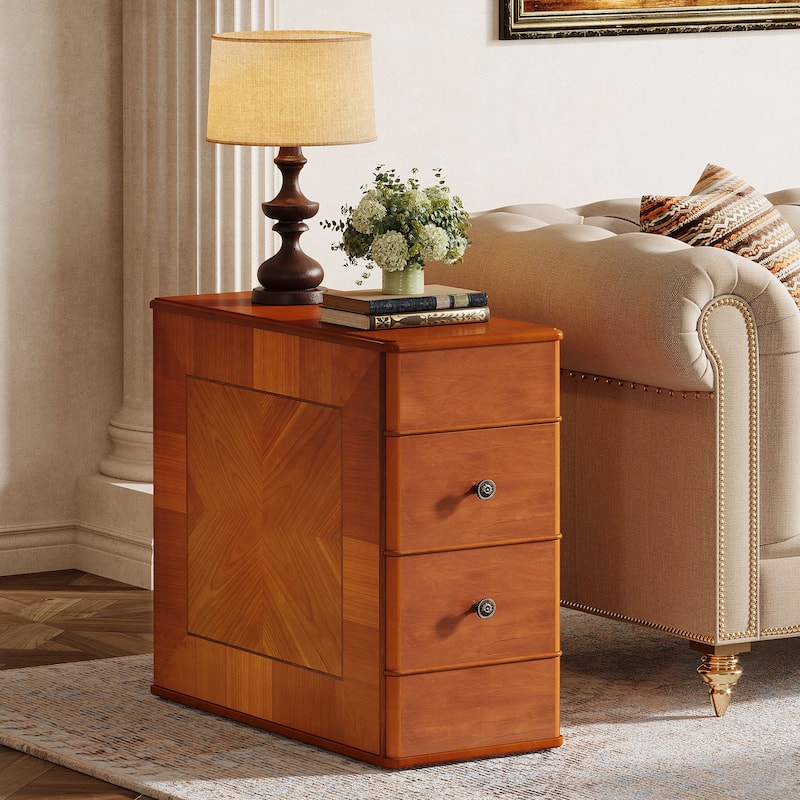 Walnut Engineered Wood Side End Table with 2 Drawers for Living Room, No Assembly Required Nightstand for Bedroom
