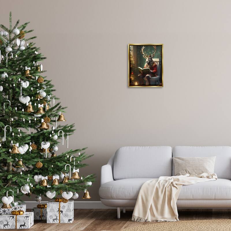 Stupell Reindeer in Festive Bathroom Framed Floater Canvas Wall Art Design By Jo Moulton