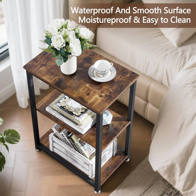 VECELO 3-Tier Nightstands Set of 2 with Open Storage Shelves Narrow Design End Table Set with USB Charging Station for Bedroom