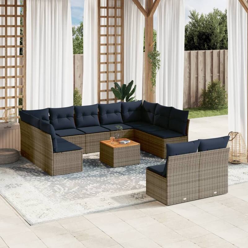 vidaXL Patio Sofa Set with Cushions Outdoor Furniture 12 Piece Poly Rattan - 24.4x 24.4x 27.2 - Grey and Blue