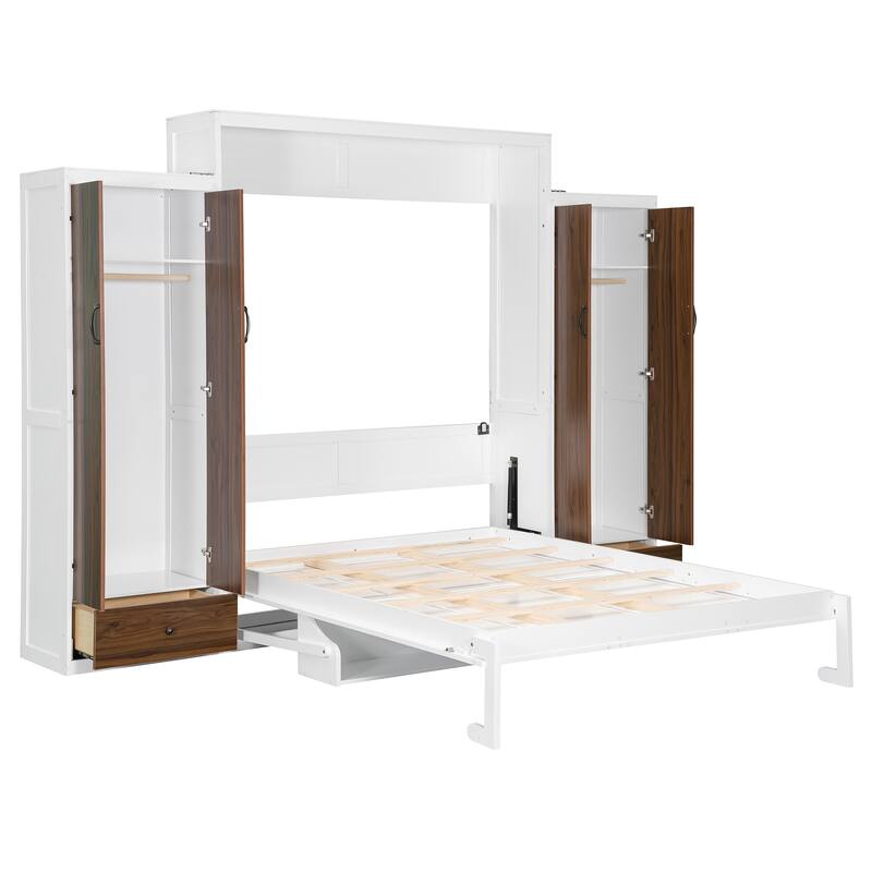 Full/Queen Size Murphy Bed with 2 Side Wardrobes, Storage Folding Bed Frame with Drawers, Built-in Table and Lights