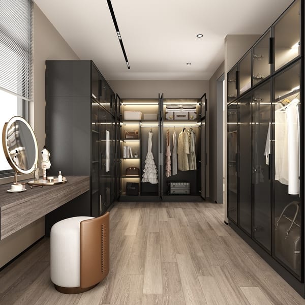 slide 2 of 20, 59.1"W Glass Door Wardrobe: Illuminated Interiors Closet Arimore Large
