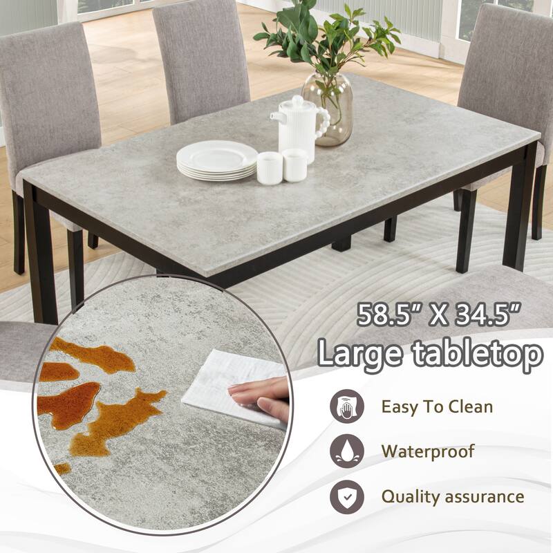 Modern 6 Piece Wooden Dining Table Set, Rectangular Concrete-Effect Tabletop Kitchen Table with 4 Upholstered Chairs and Bench