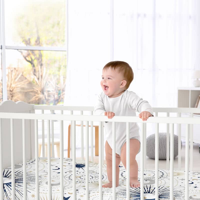 Star and Moon Collection Boy or Girl Fitted Crib Sheet - Navy Blue, Gold, and Grey Celestial Sky Stars Gender Neutral Unisex