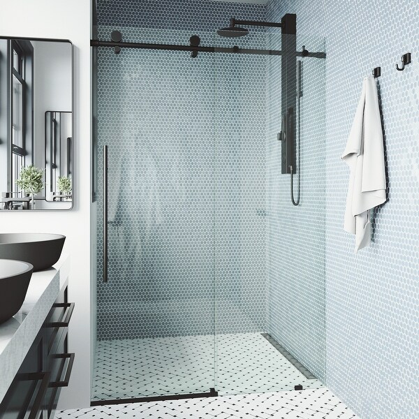 VIGO Elan E-class Shower Door in Matte Black with Clear Glass. Opens flyout.