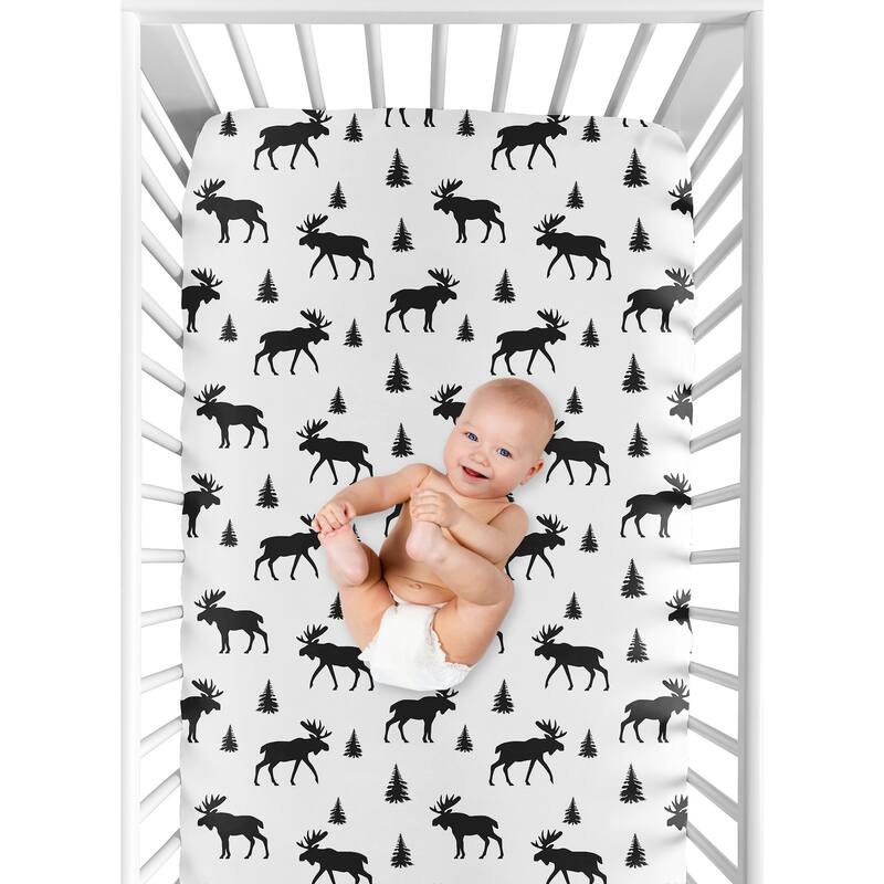 Sweet Jojo Designs Black and White Woodland Moose Rustic Patch Collection Fitted Crib Sheet