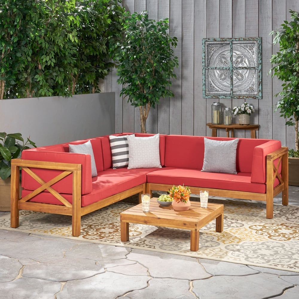 Brava Outdoor 4 Piece V-Shaped Acacia Wood Sectional Sofa and Coffee Table Set by Christopher Knight Home