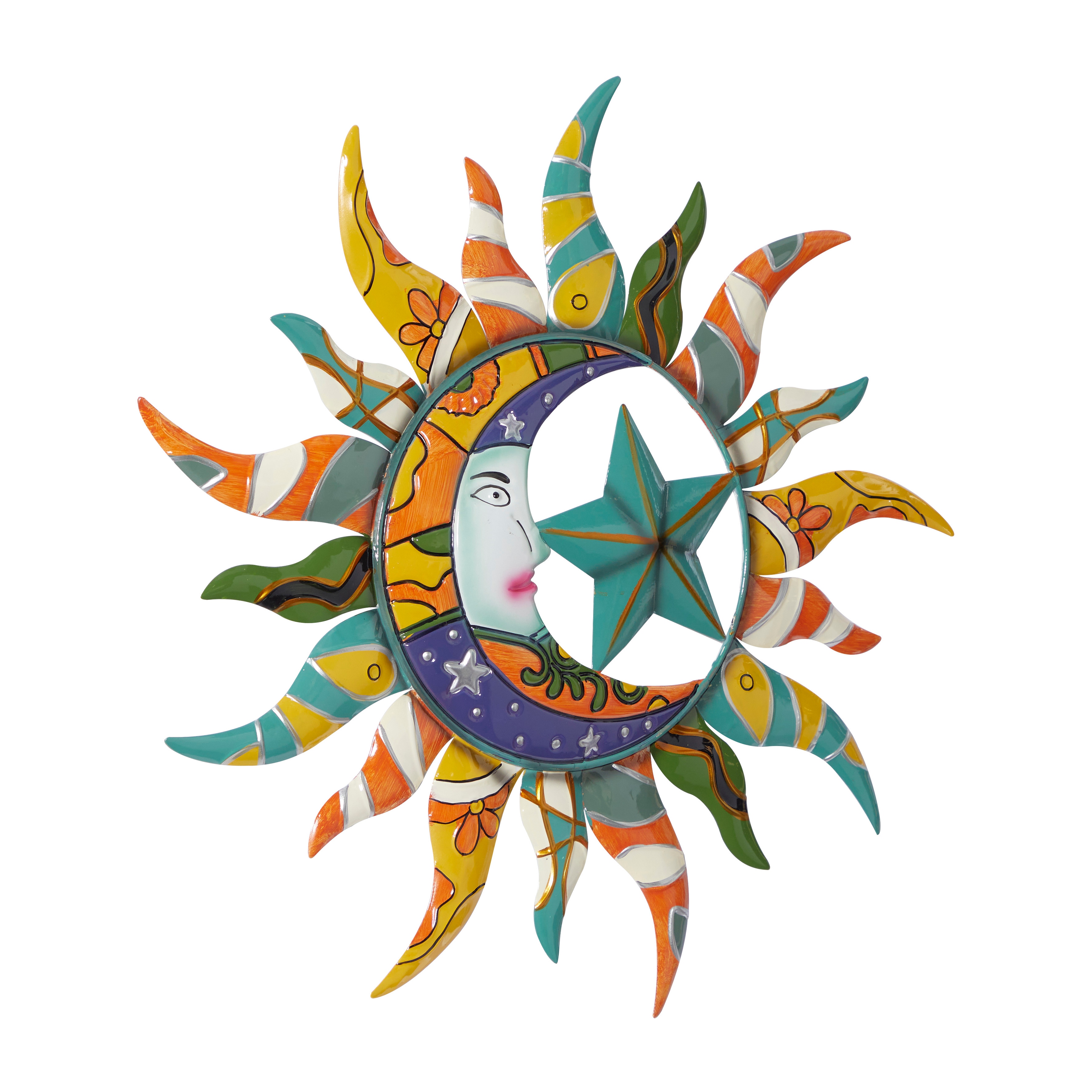 Multi Color Metal Eclectic Whimsical Celestial Sun Art Wall Sculpture