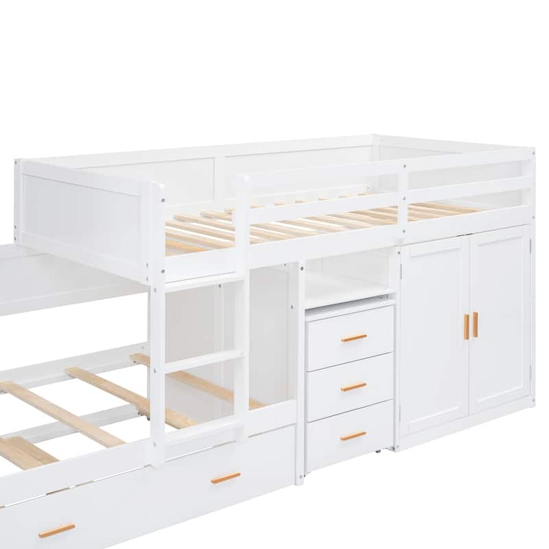 Twin Wooden Bunk Bed with Trundle, Cabinet, Wardrobe, Desk and Drawers