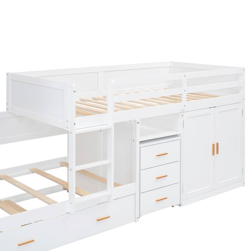 Twin Wooden Bunk Bed with Trundle, and Wardrobe, Desk & 5 Drawers - Gray Plywood, 400lb Capacity