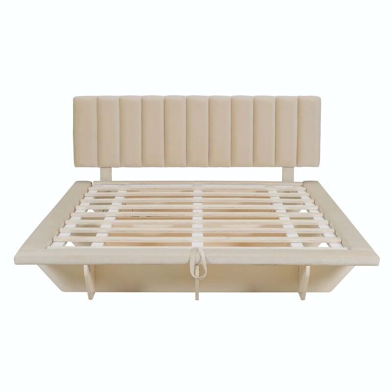 Queen Size Upholstered Floating Bed with LED Light and USB Port