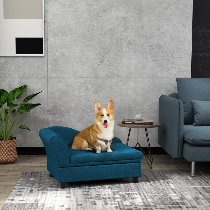 Faux Linen Pet Sofa with Storage Small Dog Couch with Thick Tufted Cushion Backrest and Armrests for Dogs - Turquoise
