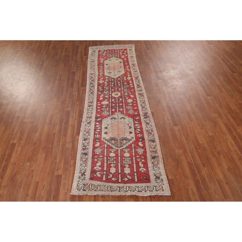 Red Hamedan Persian Vintage Runner Rug Hand-Knotted Wool Carpet - 3'3" x 10'3"