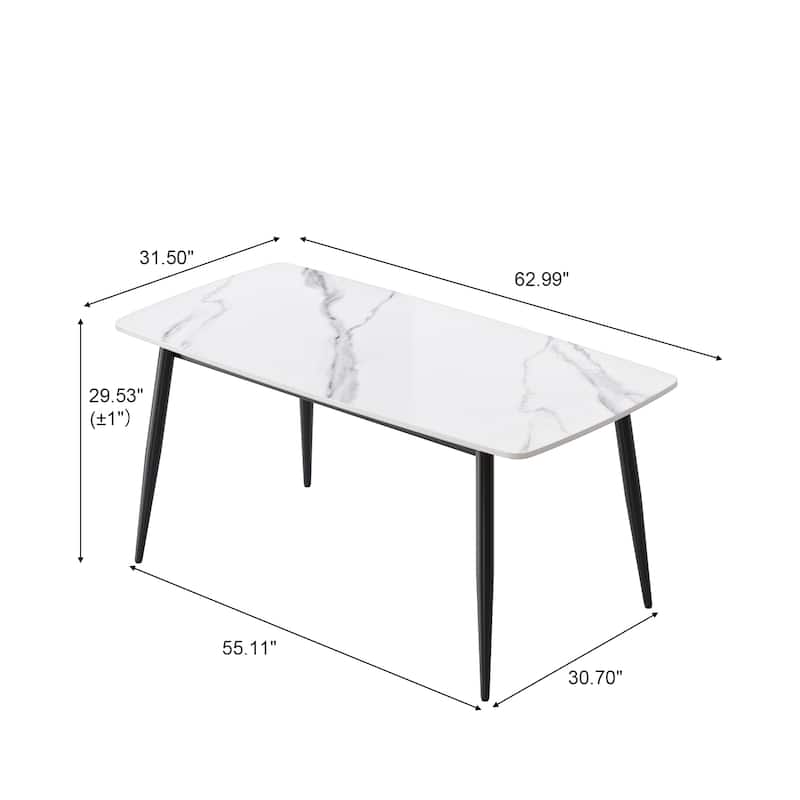 63" Rectangle Modern Kitchen Table with Sintered Stone Dining Table Top and Metal Legs