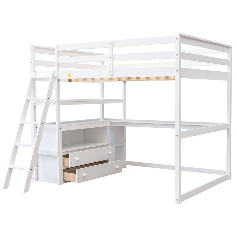 Full Size Loft Bed with Desk, Shelves, and Two Built-in Drawers in White