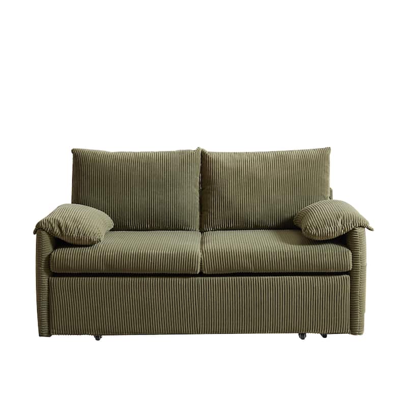 64.5" Loveseat Sofa with Pullout Bed,Corduroy Convertible Sleeper Sofa - Green